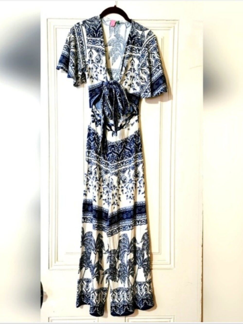 Farm Rio Blue & White Printed Tie-Front Maxi Jumpsuit Romper Small